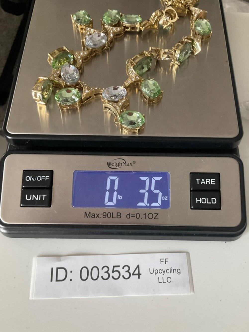Vintage 60's Arnold Scaasi Cn Signed Gold-Tone Necklace Green Clear Crystals Adj - Picture 11 of 11